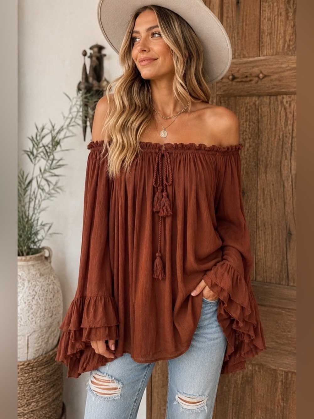 Free People Oversized S “Here to Stay” Brown Boho Ruffle Off Shoulder Top